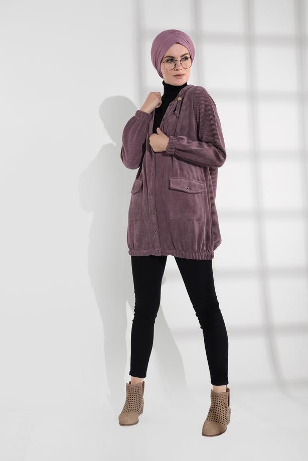 Hijab clothing  HOODED BUTTONED CORDUROY TRENCH-COAT 2004  - TRENDTESETTÜR