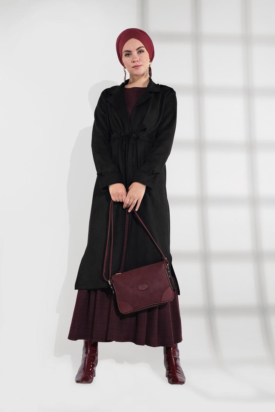 Tesettür giyim SİYAH BELİ BÜZGÜLÜ BAĞCIKLI SÜET TRENCKOT 2758 