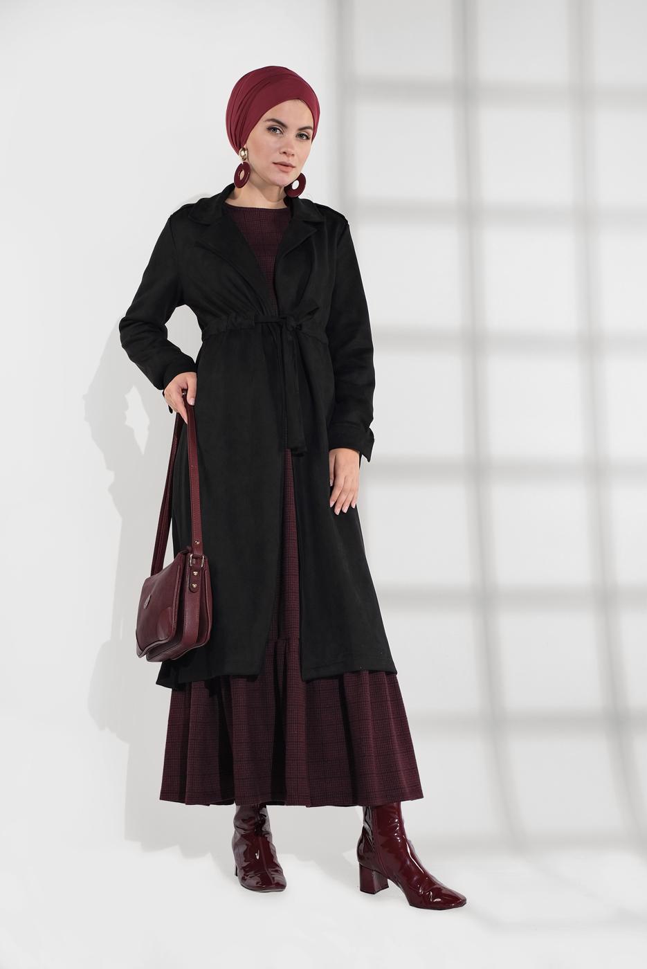 Tesettür giyim SİYAH BELİ BÜZGÜLÜ BAĞCIKLI SÜET TRENCKOT 2758 