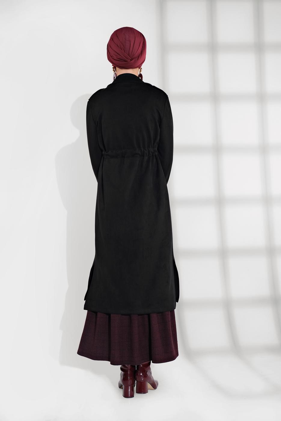 Tesettür giyim SİYAH BELİ BÜZGÜLÜ BAĞCIKLI SÜET TRENCKOT 2758 