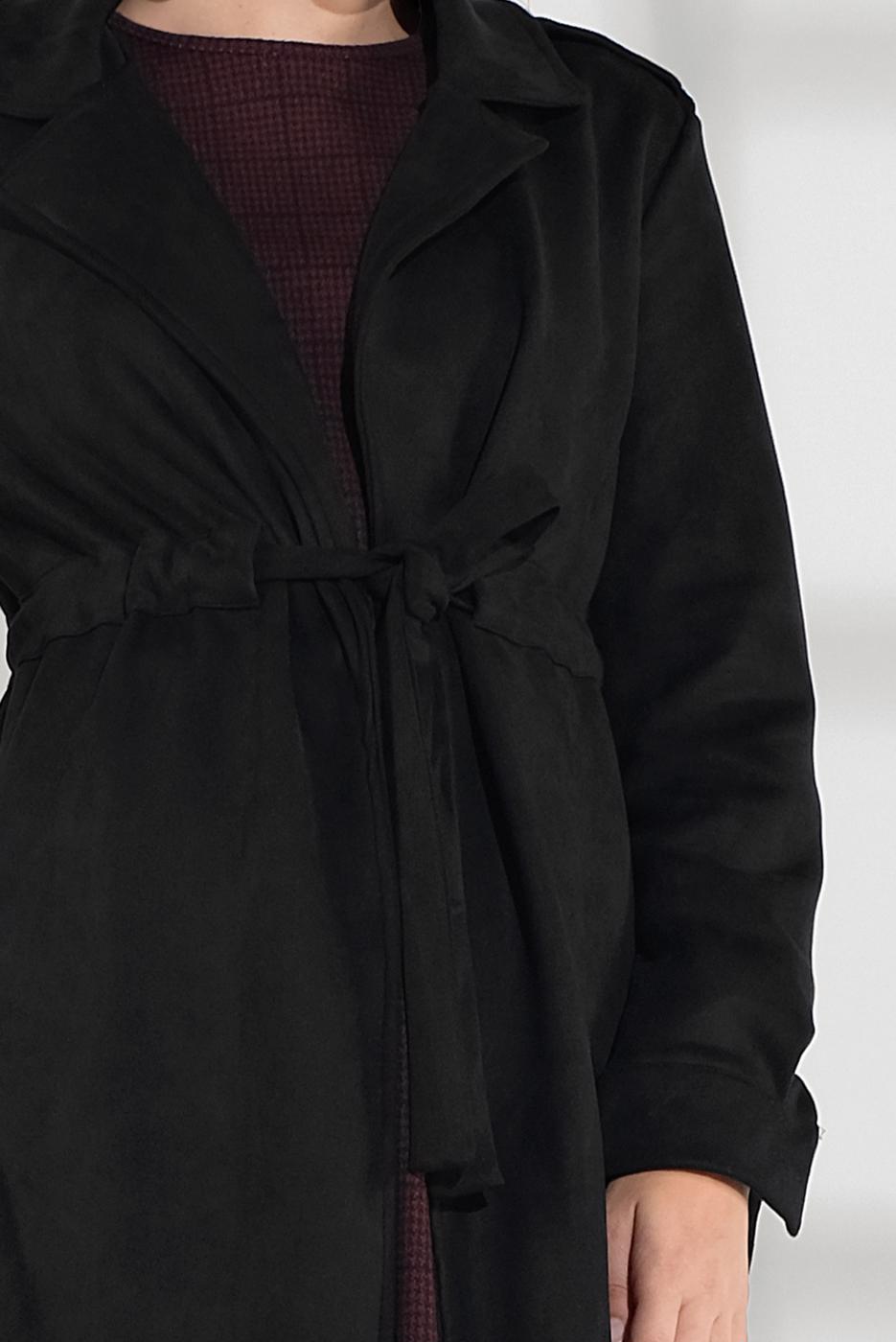 Tesettür giyim SİYAH BELİ BÜZGÜLÜ BAĞCIKLI SÜET TRENCKOT 2758 