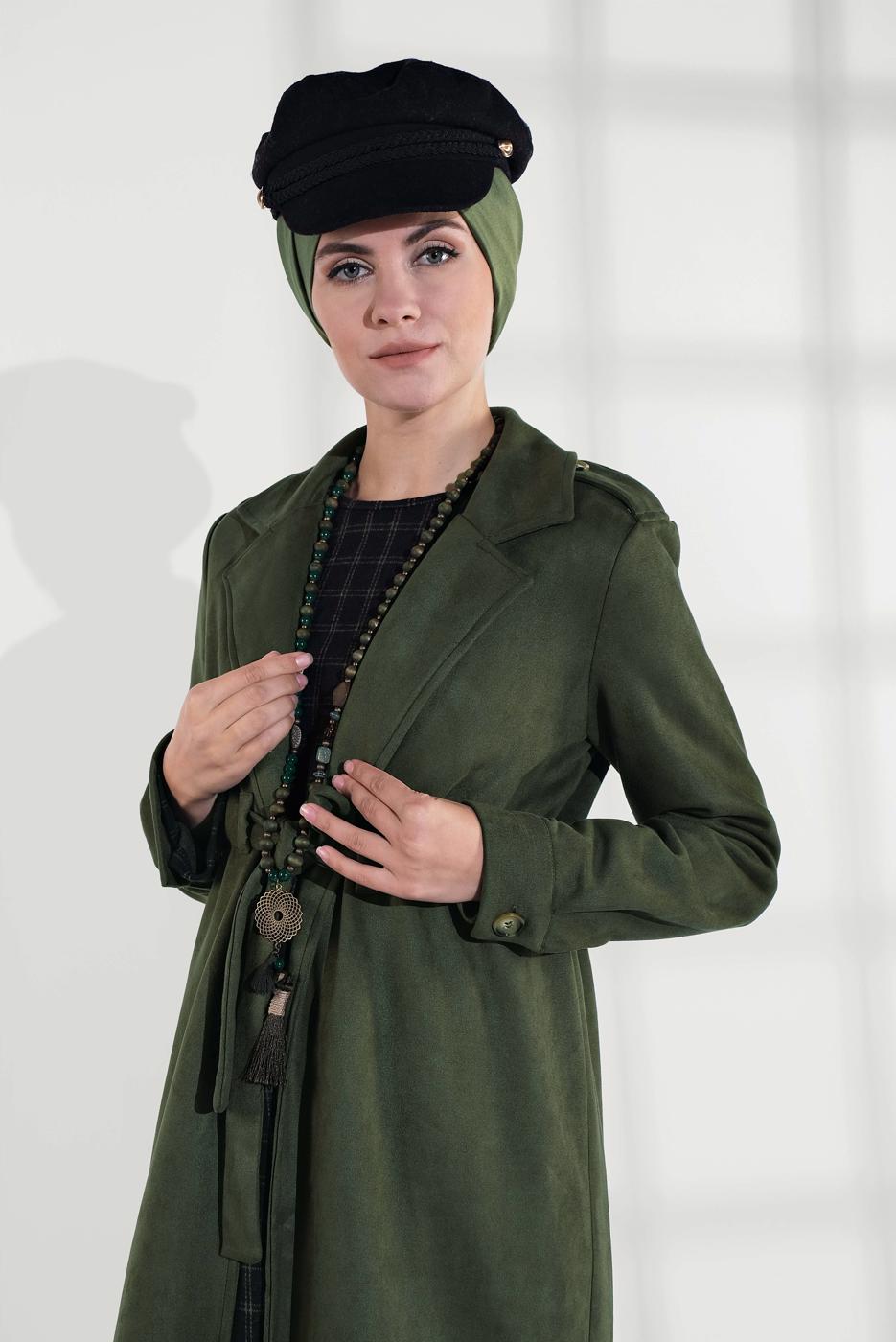 Tesettür giyim HAKİ BELİ BÜZGÜLÜ BAĞCIKLI SÜET TRENCKOT 2758 