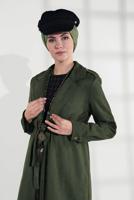 Tesettür giyim HAKİ BELİ BÜZGÜLÜ BAĞCIKLI SÜET TRENCKOT 2758 