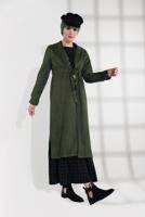 Tesettür giyim HAKİ BELİ BÜZGÜLÜ BAĞCIKLI SÜET TRENCKOT 2758 