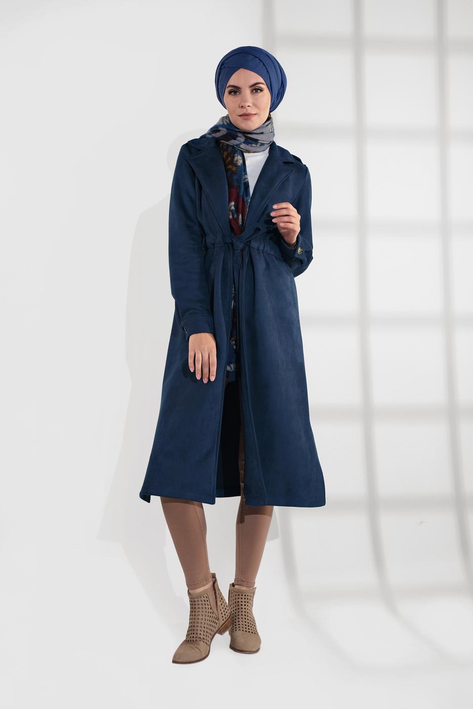 Tesettür giyim LACİVERT BELİ BÜZGÜLÜ BAĞCIKLI SÜET TRENCKOT 2758 