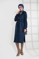 Tesettür giyim LACİVERT BELİ BÜZGÜLÜ BAĞCIKLI SÜET TRENCKOT 2758 