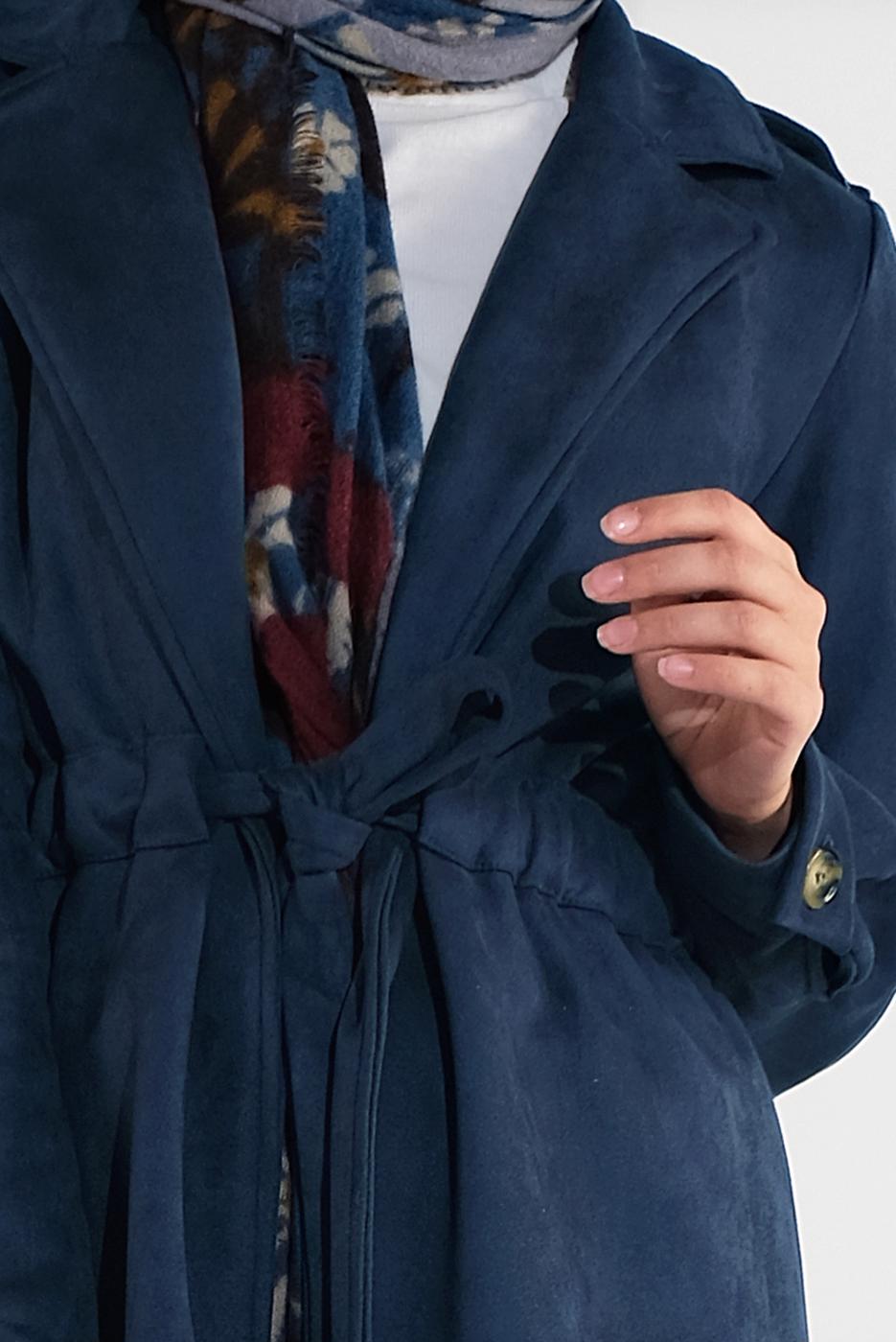 Tesettür giyim LACİVERT BELİ BÜZGÜLÜ BAĞCIKLI SÜET TRENCKOT 2758 