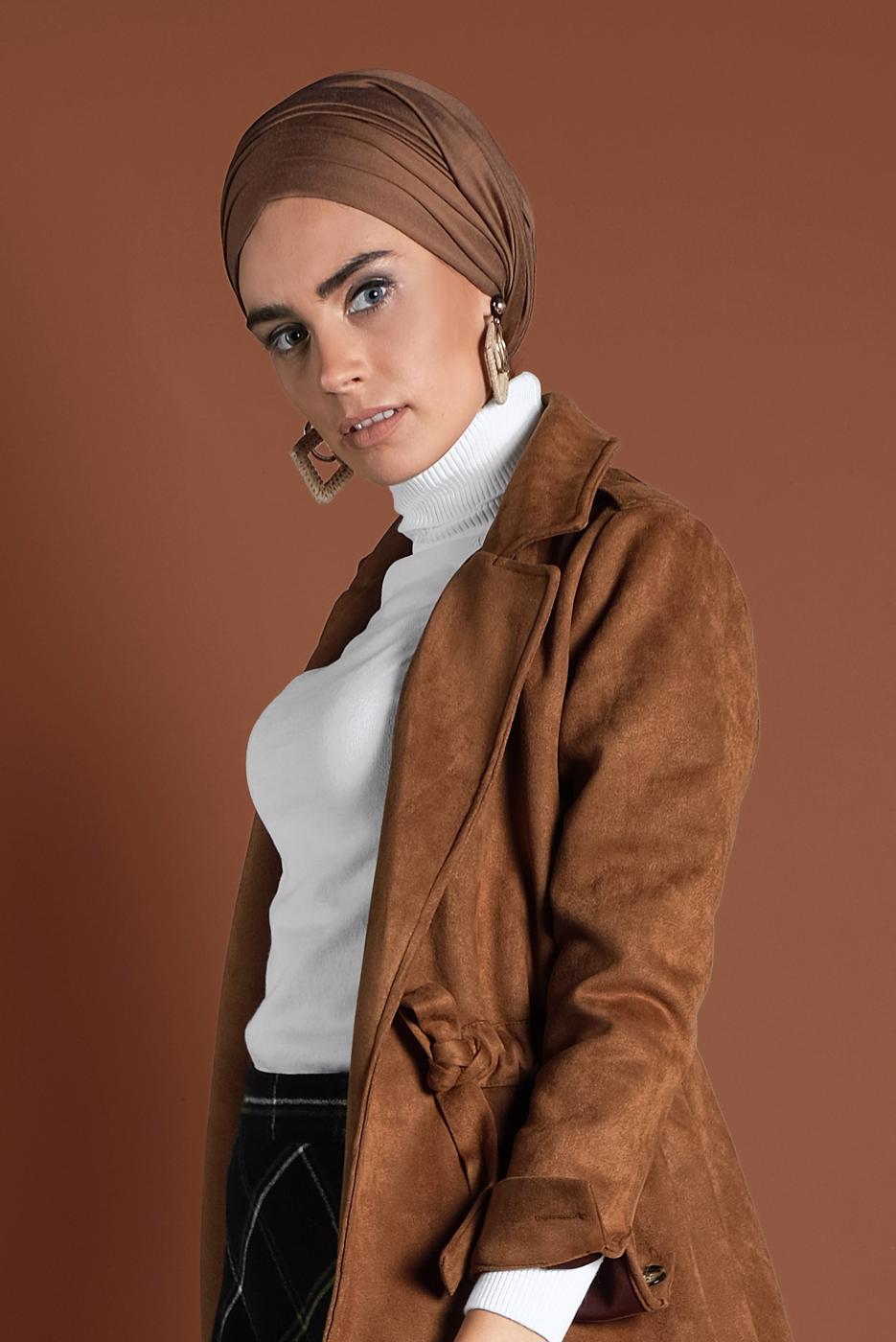 Tesettür giyim TABA BELİ BÜZGÜLÜ BAĞCIKLI SÜET TRENCKOT 2758 