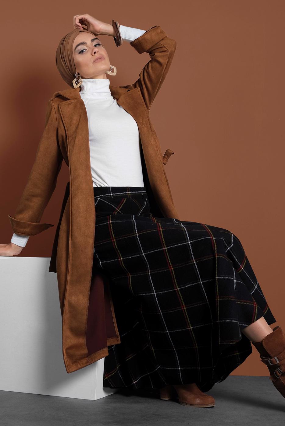 Tesettür giyim TABA BELİ BÜZGÜLÜ BAĞCIKLI SÜET TRENCKOT 2758 