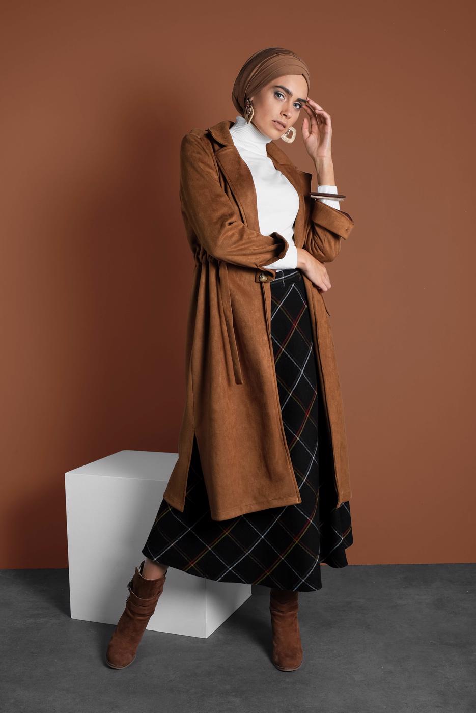 Tesettür giyim TABA BELİ BÜZGÜLÜ BAĞCIKLI SÜET TRENCKOT 2758 