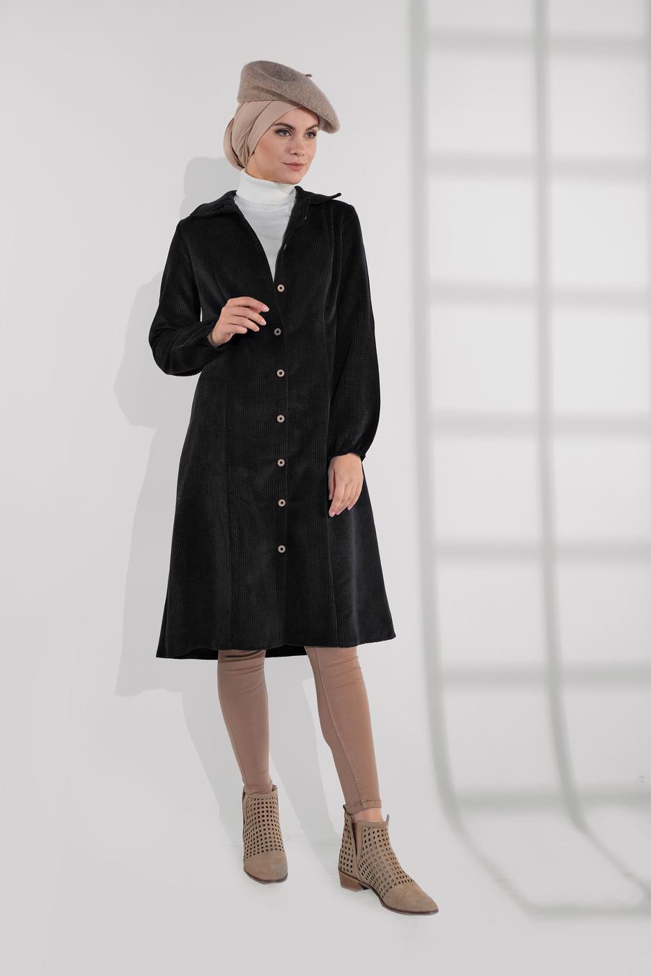 Hijab clothing BLACK GROMMET DETAILED CORDUROY TRENCH-COAT 3004 