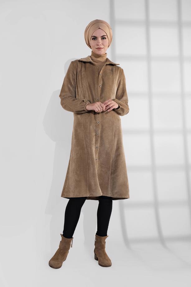 Hijab clothing  GROMMET DETAILED CORDUROY TRENCH-COAT 3004  - TRENDTESETTÜR