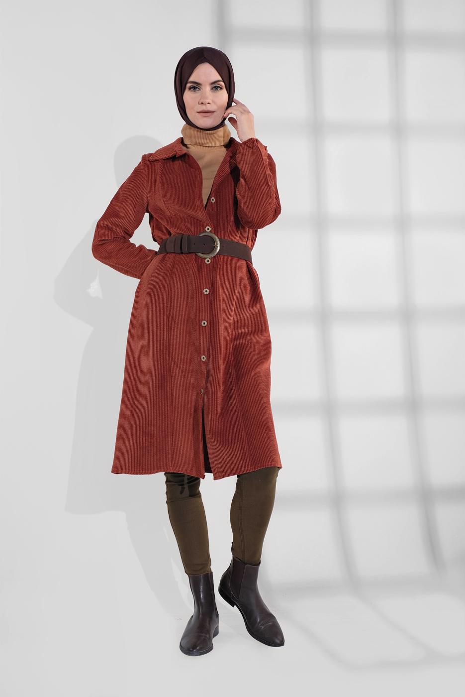 Hijab clothing BROWN GROMMET DETAILED CORDUROY TRENCH-COAT 3004 