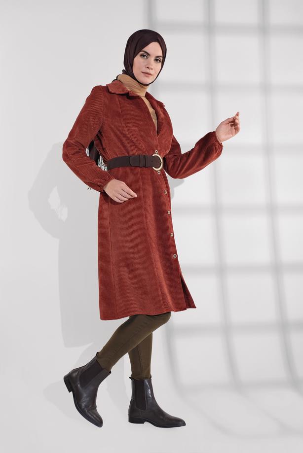 Hijab clothing  GROMMET DETAILED CORDUROY TRENCH-COAT 3004  - TRENDTESETTÜR