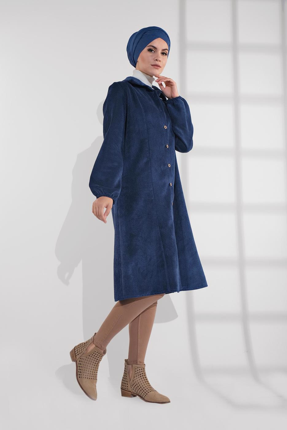 Vêtements hijab BLEU MARINE IMPERMÉABLE EN VELOURS CÔTELÉ À œILLETS 3004