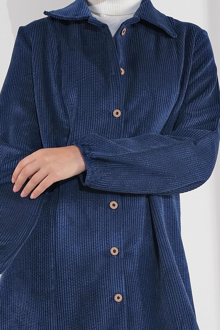 Vêtements hijab BLEU MARINE IMPERMÉABLE EN VELOURS CÔTELÉ À œILLETS 3004