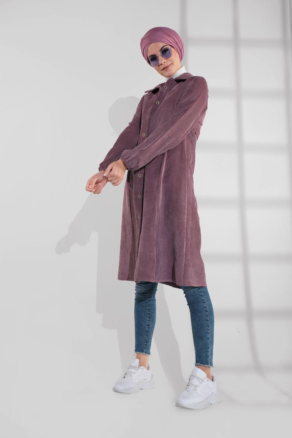 Hijab clothing PINK GROMMET DETAILED CORDUROY TRENCH-COAT 3004 