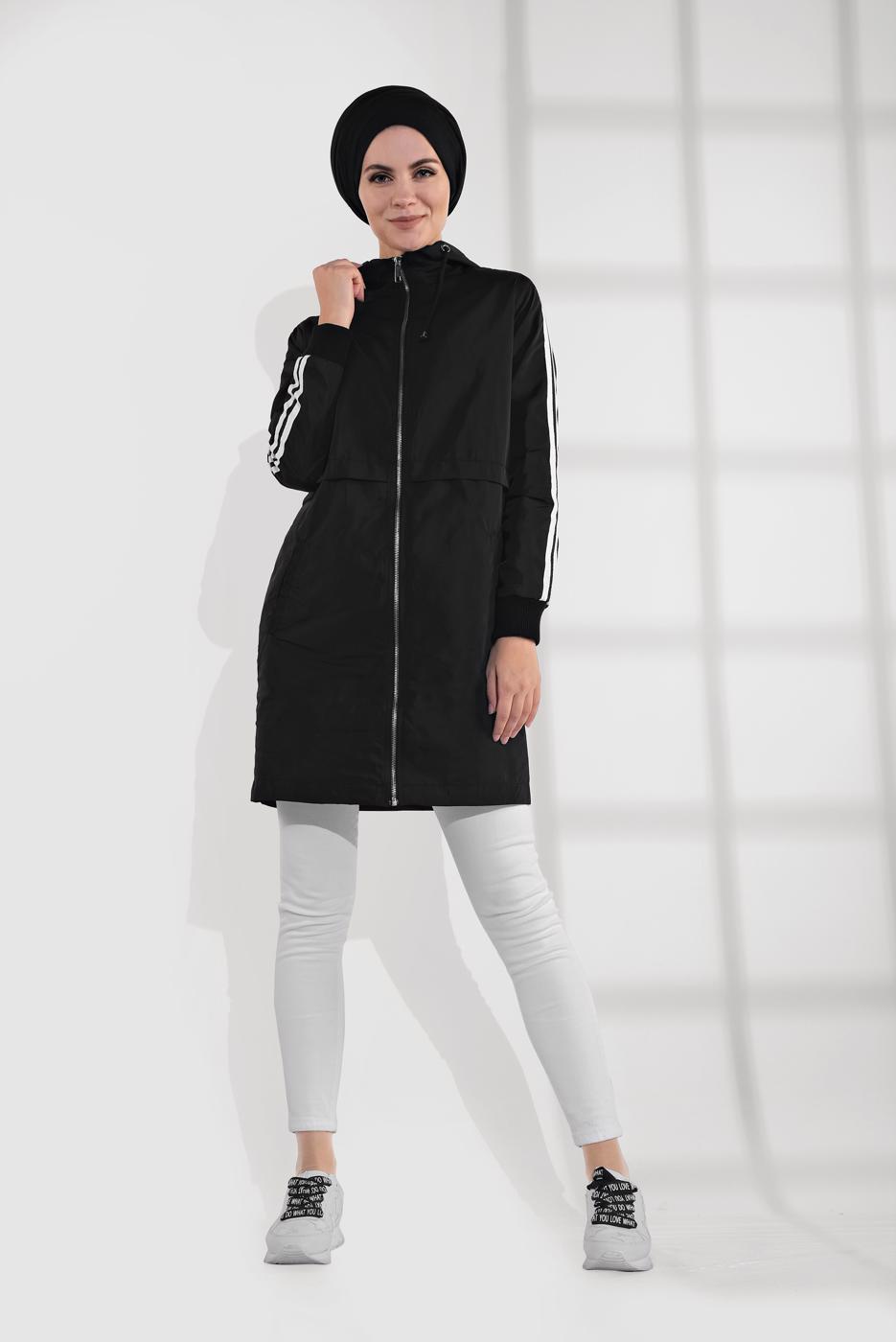 Tesettür giyim SİYAH KOLLARI ŞERİT DETAYLI KAPÜŞONLU TRENÇKOT 3608 