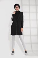 Tesettür giyim SİYAH KOLLARI ŞERİT DETAYLI KAPÜŞONLU TRENÇKOT 3608 