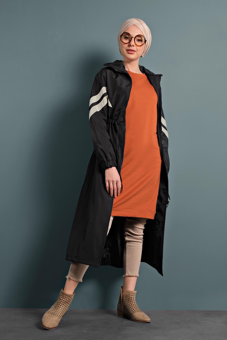 Hijab clothing BLACK SMOCKED-WAIST TRENCH-COAT 4000