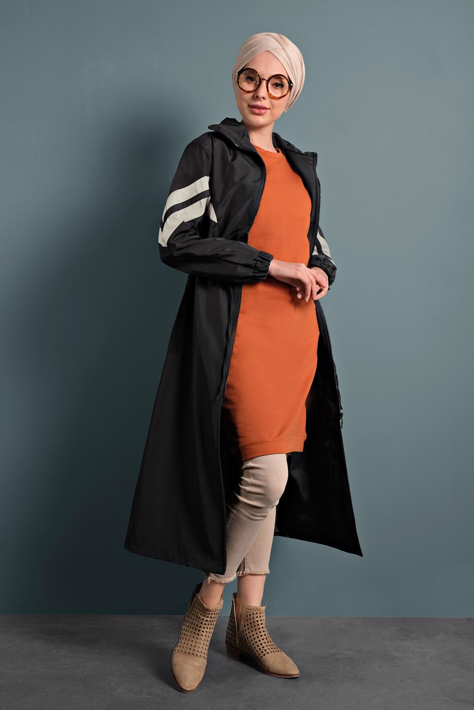 Hijab clothing BLACK SMOCKED-WAIST TRENCH-COAT 4000