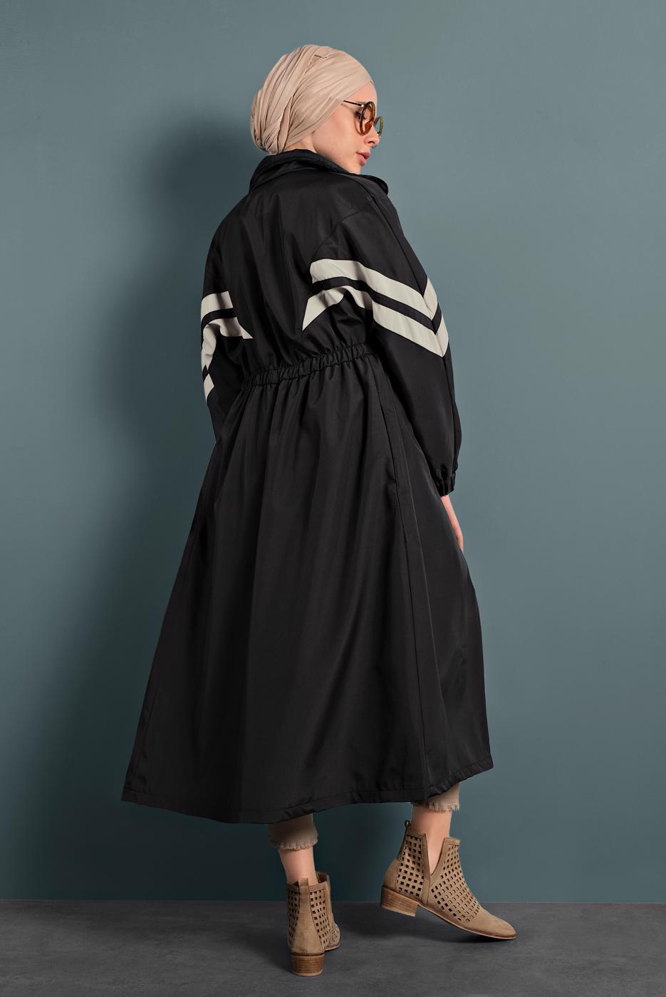 Hijab clothing BLACK SMOCKED-WAIST TRENCH-COAT 4000