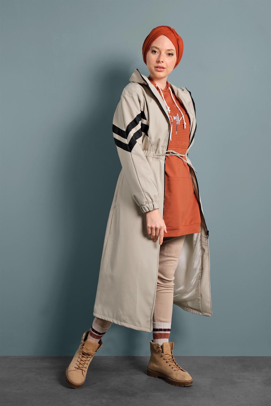 Vêtements hijab BEIGE TRENCH-COAT TAILLE À SMOCKS 4000
