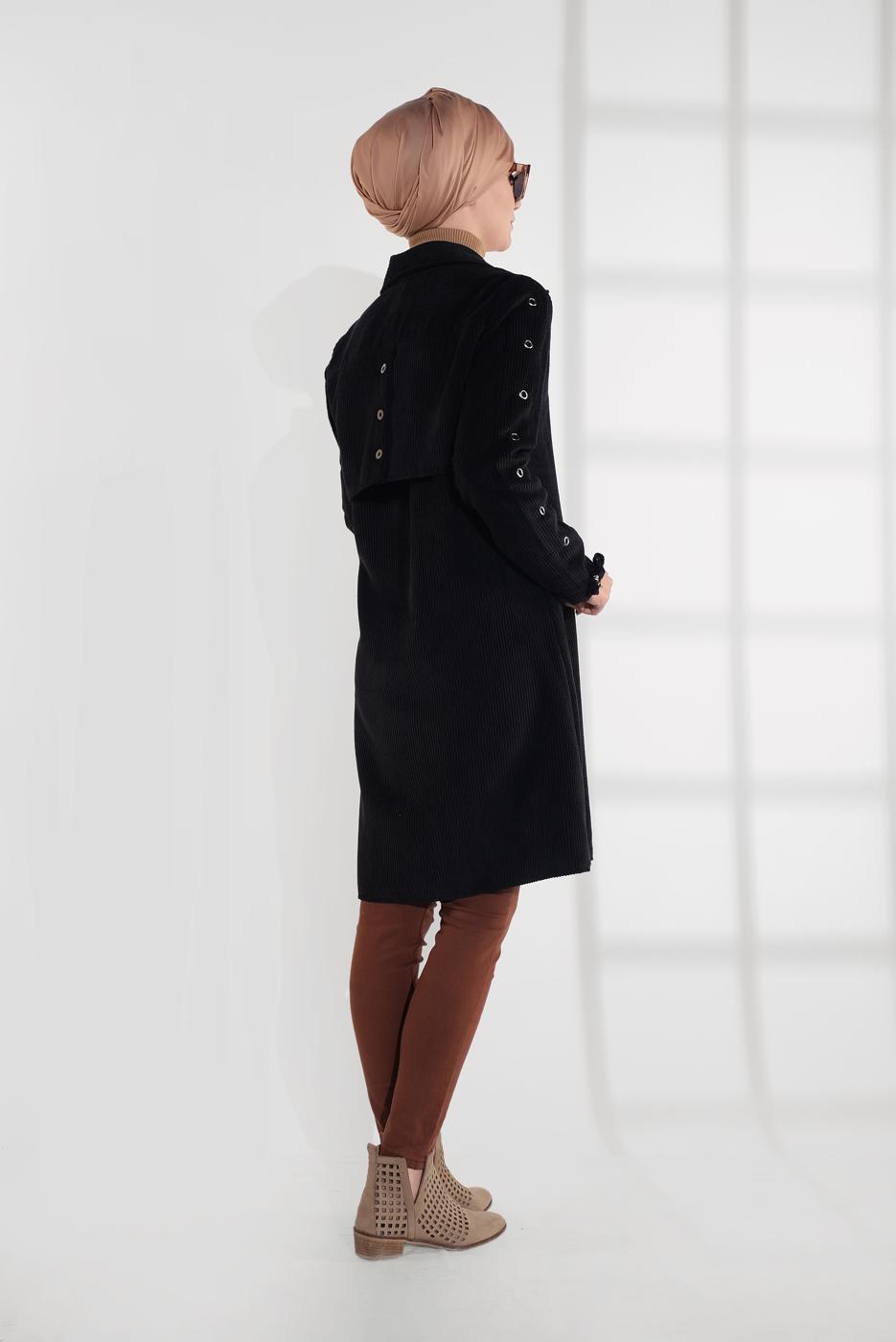 Tesettür giyim SİYAH KUŞGÖZÜ DÜĞMELİ FİTİLLİ KADİFE TRENÇKOT 4004 