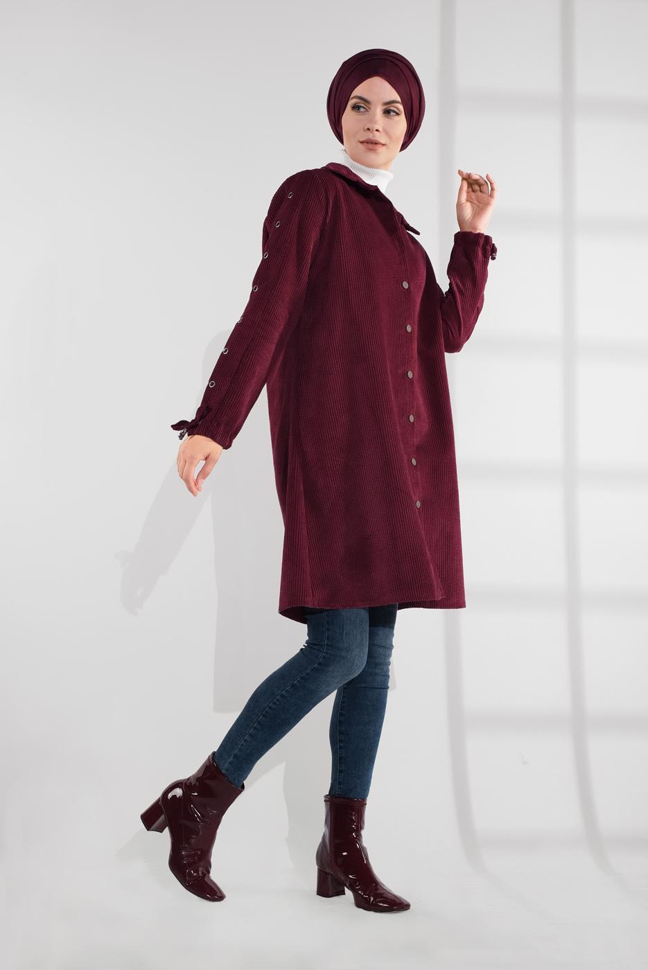 Tesettür giyim BORDO KUŞGÖZÜ DÜĞMELİ FİTİLLİ KADİFE TRENÇKOT 4004 