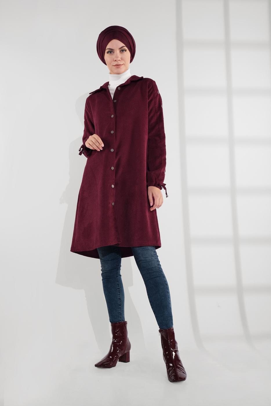 Tesettür giyim BORDO KUŞGÖZÜ DÜĞMELİ FİTİLLİ KADİFE TRENÇKOT 4004 