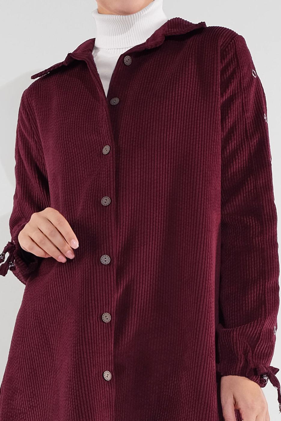 Tesettür giyim BORDO KUŞGÖZÜ DÜĞMELİ FİTİLLİ KADİFE TRENÇKOT 4004 