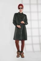 Tesettür giyim HAKİ KUŞGÖZÜ DÜĞMELİ FİTİLLİ KADİFE TRENÇKOT 4004 