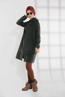 Tesettür giyim HAKİ KUŞGÖZÜ DÜĞMELİ FİTİLLİ KADİFE TRENÇKOT 4004 