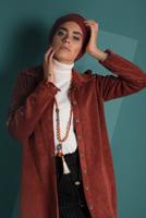 Hijab clothing BROWN GROMMET DETAILED CORDUROY TRENCH-COAT 4004 