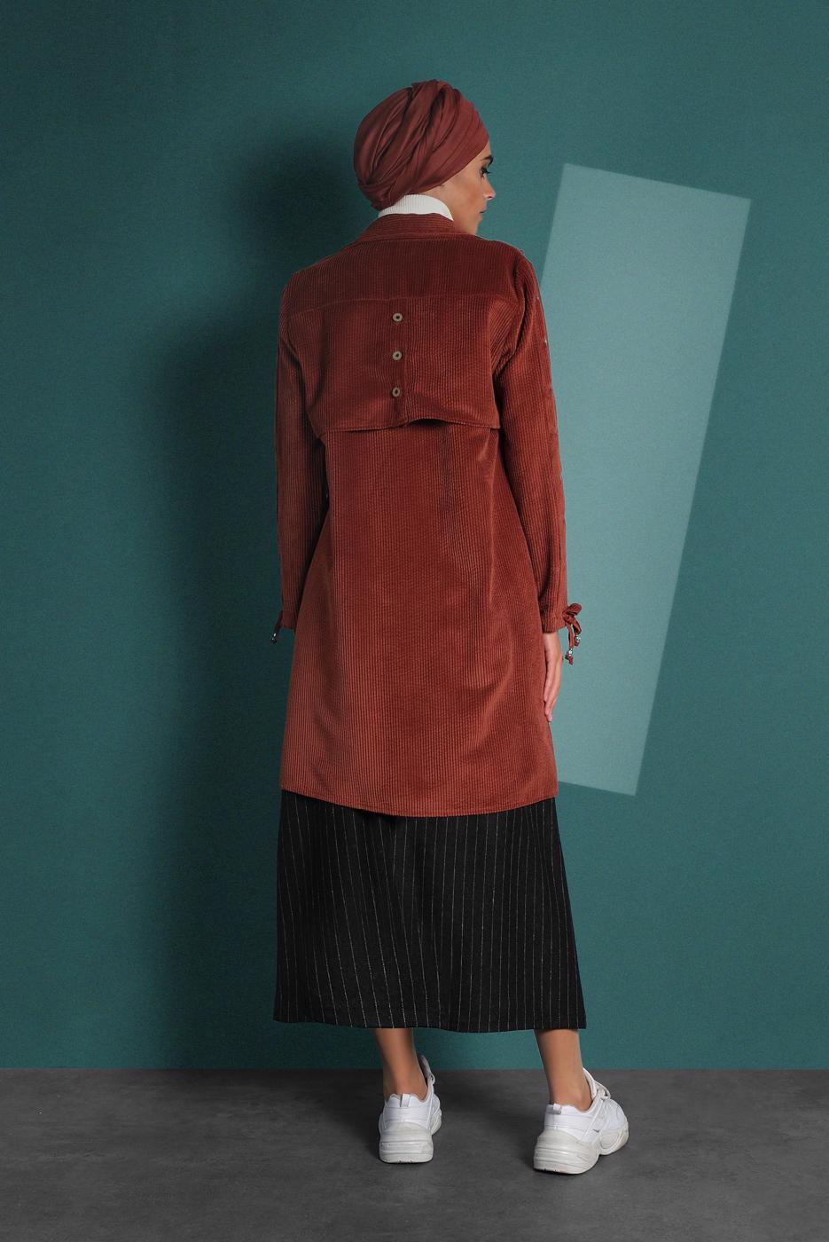 Hijab clothing BROWN GROMMET DETAILED CORDUROY TRENCH-COAT 4004 