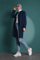 Tesettür giyim MAVİ KUŞGÖZÜ DÜĞMELİ FİTİLLİ KADİFE TRENÇKOT 4004 