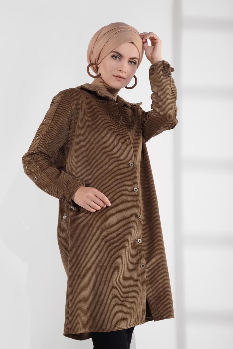 Tesettür giyim TABA KUŞGÖZÜ DÜĞMELİ FİTİLLİ KADİFE TRENÇKOT 4004 