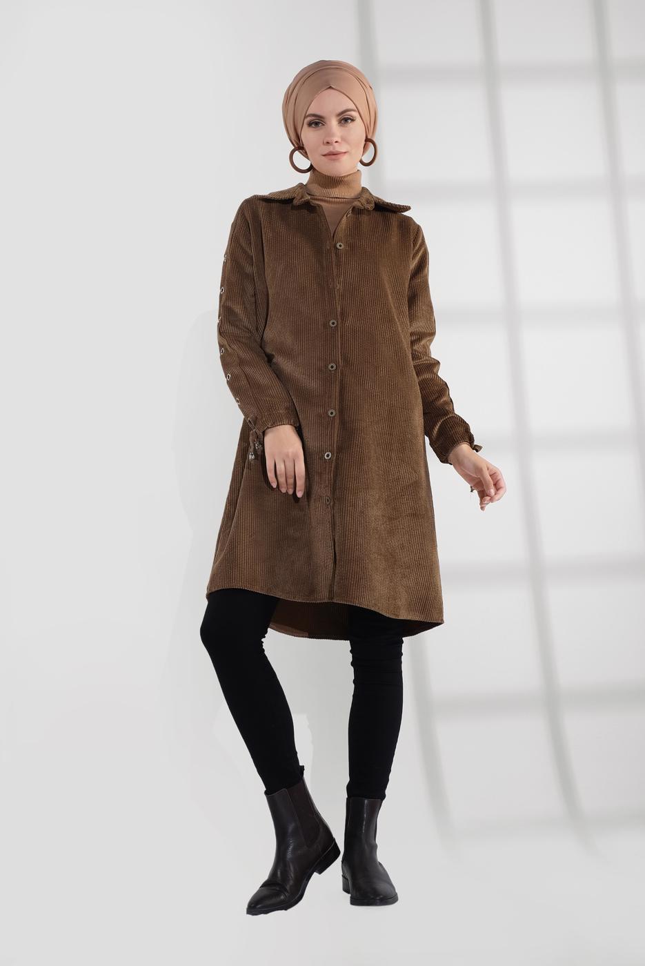 Tesettür giyim TABA KUŞGÖZÜ DÜĞMELİ FİTİLLİ KADİFE TRENÇKOT 4004 