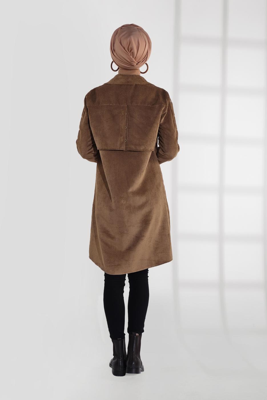 Tesettür giyim TABA KUŞGÖZÜ DÜĞMELİ FİTİLLİ KADİFE TRENÇKOT 4004 