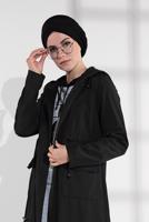 Tesettür giyim SİYAH BELDEN BAĞCIKLI KAPÜŞONLU FERMUARLI TRENÇKOT 4205