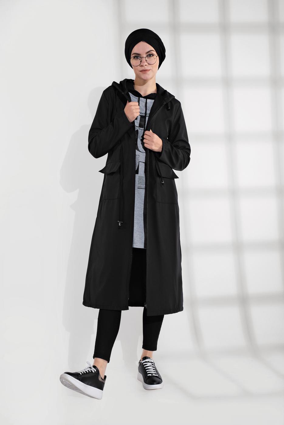 Tesettür giyim SİYAH BELDEN BAĞCIKLI KAPÜŞONLU FERMUARLI TRENÇKOT 4205
