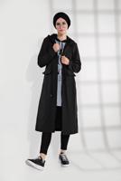 Tesettür giyim SİYAH BELDEN BAĞCIKLI KAPÜŞONLU FERMUARLI TRENÇKOT 4205