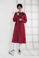 Tesettür giyim BORDO BELDEN BAĞCIKLI KAPÜŞONLU FERMUARLI TRENÇKOT 4205