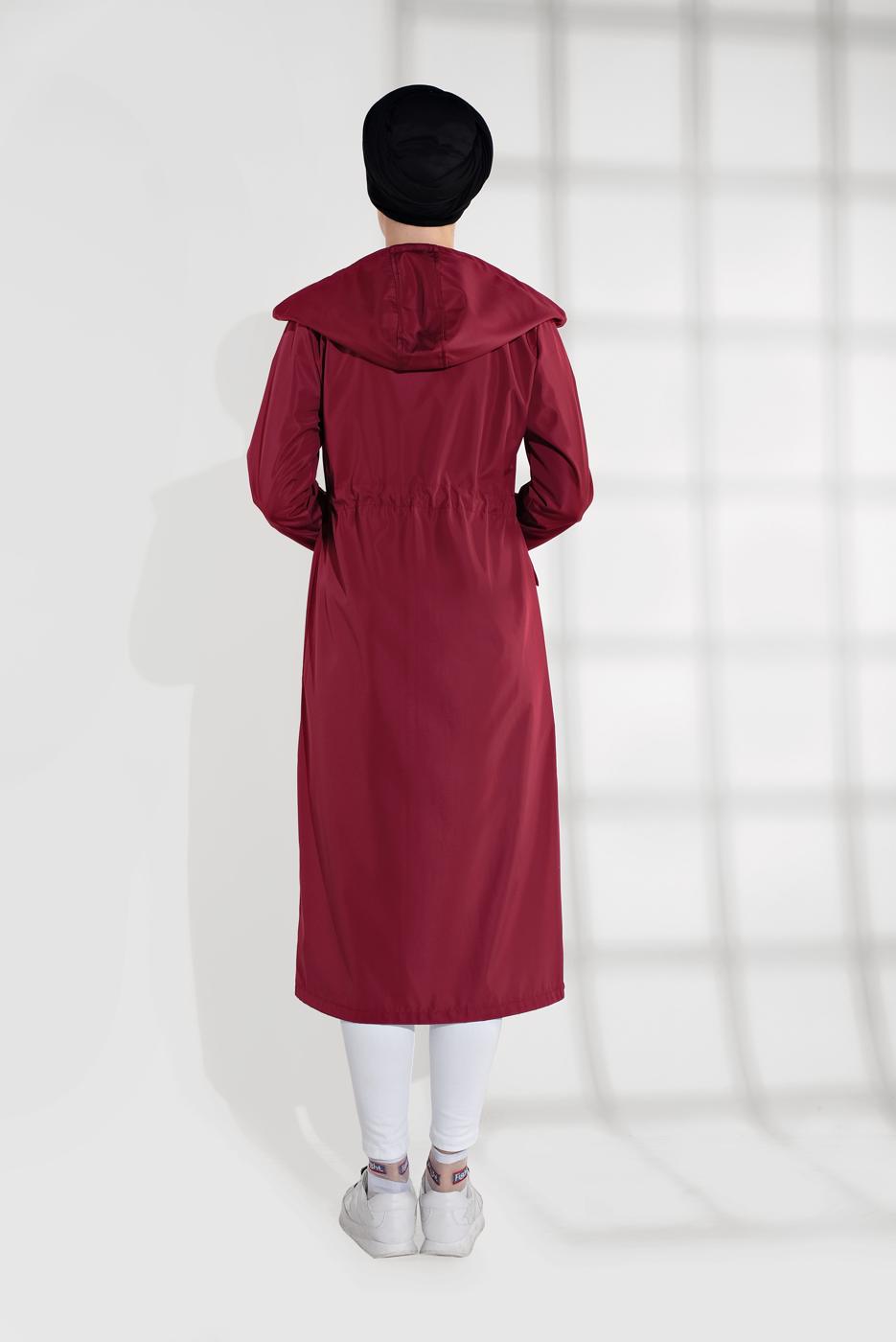 Tesettür giyim BORDO BELDEN BAĞCIKLI KAPÜŞONLU FERMUARLI TRENÇKOT 4205