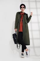 Tesettür giyim HAKİ BELDEN BAĞCIKLI KAPÜŞONLU FERMUARLI TRENÇKOT 4205