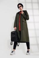 Tesettür giyim HAKİ BELDEN BAĞCIKLI KAPÜŞONLU FERMUARLI TRENÇKOT 4205