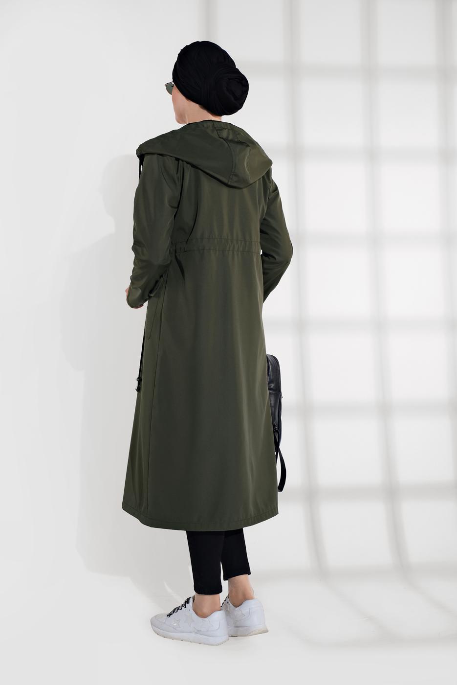 Tesettür giyim HAKİ BELDEN BAĞCIKLI KAPÜŞONLU FERMUARLI TRENÇKOT 4205