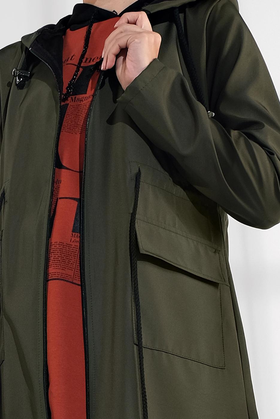 Tesettür giyim HAKİ BELDEN BAĞCIKLI KAPÜŞONLU FERMUARLI TRENÇKOT 4205