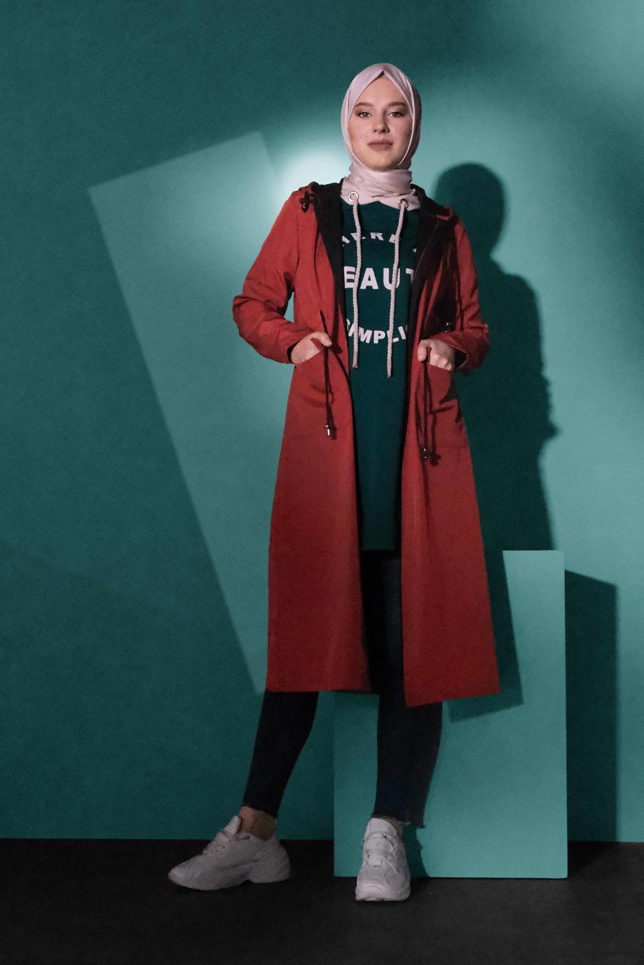 Tesettür giyim KAHVE BELDEN BAĞCIKLI KAPÜŞONLU FERMUARLI TRENÇKOT 4205