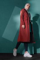 Tesettür giyim KAHVE BELDEN BAĞCIKLI KAPÜŞONLU FERMUARLI TRENÇKOT 4205